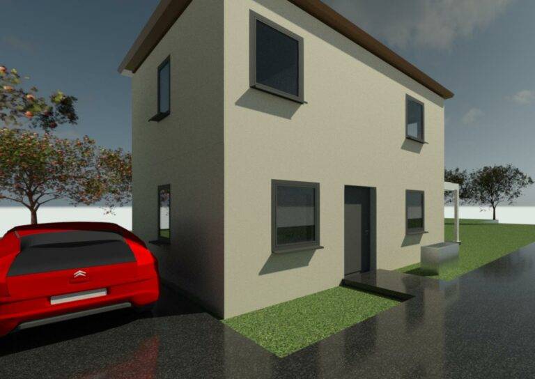 Das Architektenhaus 3D-Ansicht eines modernen zweistöckigen Hauses mit rotem Auto, umgeben von Bäumen und Rasenflächen, bei bewölktem Himmel.